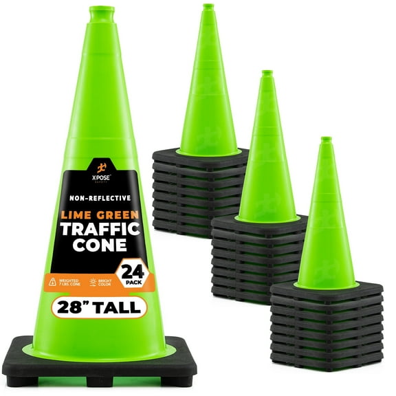28” Lime Green Traffic Cone - 24 Pack - Premium PVC Safety Cone for Parking, Caution, Construction, Road Crews, Emergency Vehicle - Xpose Safety