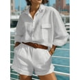 thumbnail image 4 of Womens Solid Color 2 Piece Outfits Long Sleeve Lapel Button Loose Fit Top Mini Shorts Summer Set White XL, 4 of 5