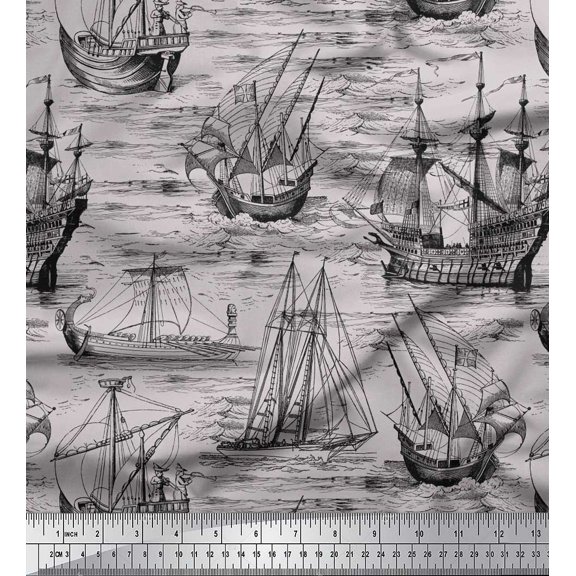 Soimoi Poly Georgette Fabric Waves & Ship Ocean Print Sewing Fabric Yard 52 Inch Wide