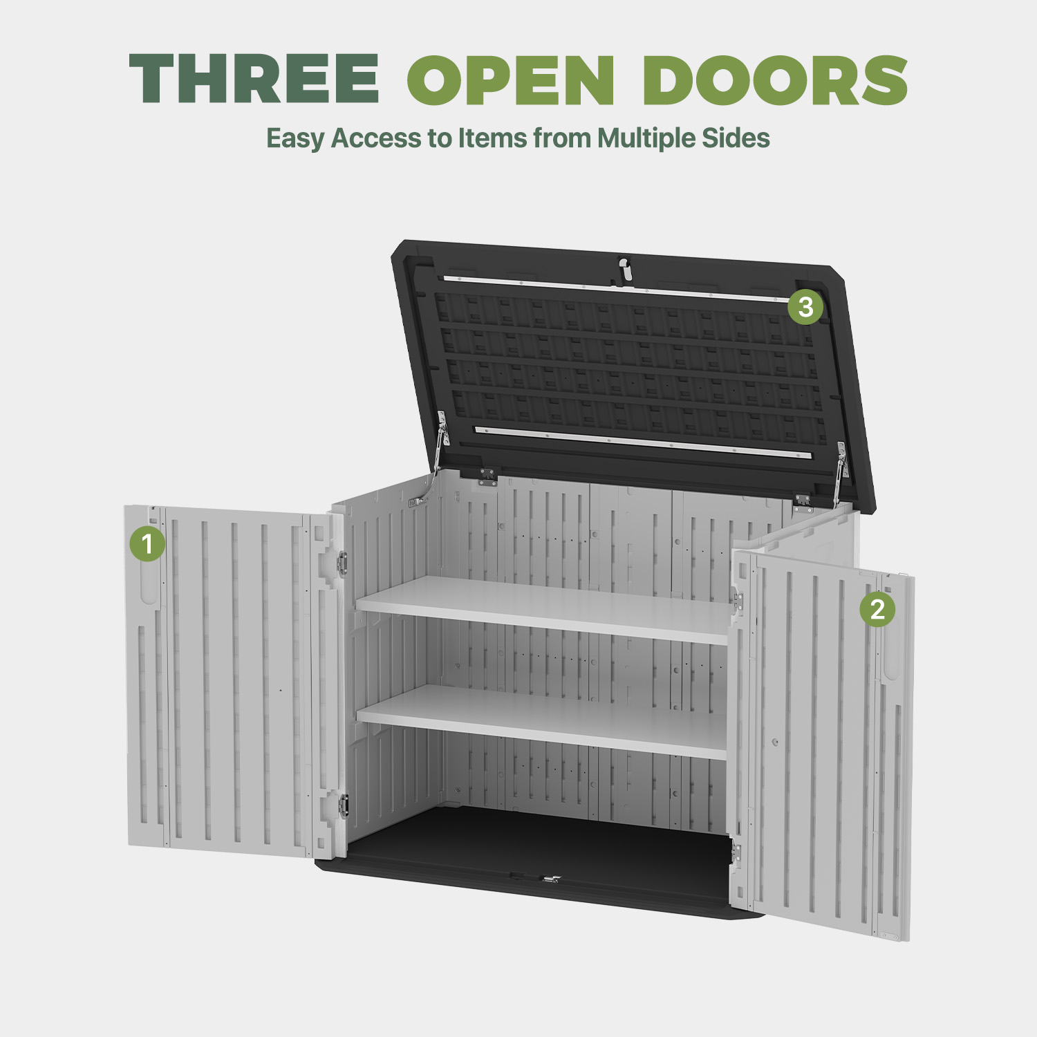 BaPiPro 35 Cu.Ft Outdoor Storage Cabinet with 2 Shelves - Waterproof Horizontal Resin Storage Shed for Tools, Garbage Bins, Generator & Lawn Mower，White