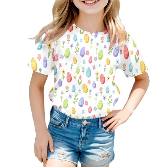 WOYY Big Girls Easter Tshirt Short Sleeved Round Neck T Shirt Kids Casual Tee Shirt