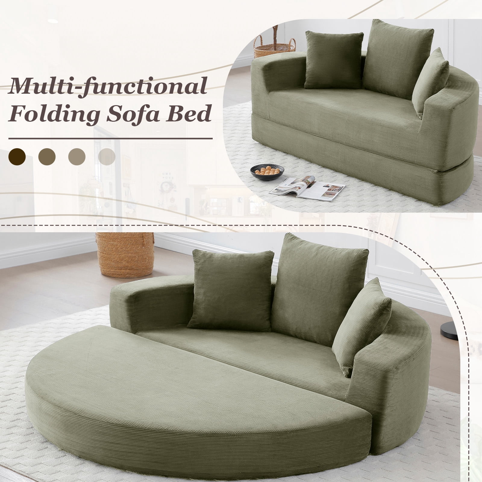MOONMISS Convertible Sofa Couch Bed,Multi-Functional,Circular Bed,Adjustable Futon Sofa For Apartment Office Bedroom Living Room,Green