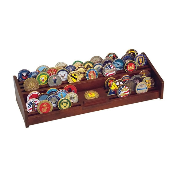Military Challenge Coin Display Stand - Walnut Finish, Holds Up To 61 Coins, With Shelves For All Coins