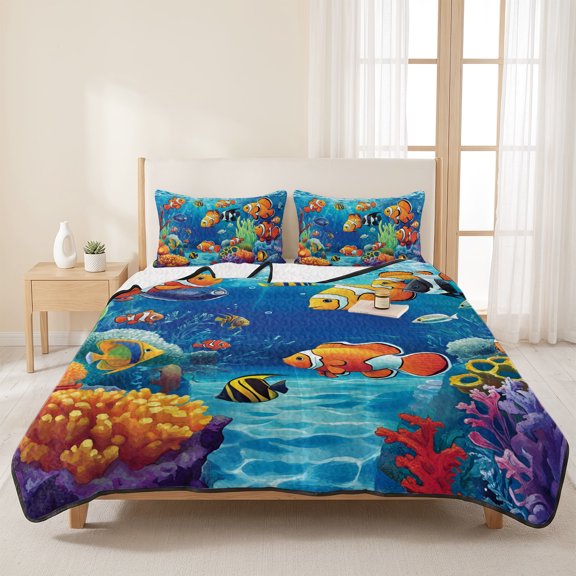 Queen Quilt Set, Ocean Fish Coral Seaweed Cartoon Style Lightweight Quilt Sets Summer Comforter Coverlets with 2 Pillow Shams, Blue Underwater World Breathable 3 Piece Bedding Set for All Seasons