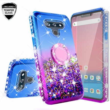Noir Case for LG Stylo 6 / Stylo 6 Plus Case Ring Kickstand w/ Tempered Glass Screen Protector Liquid Quicksand Glitter Cute Bling Girls Women [Shock Proof] - Ring Purple/Blue