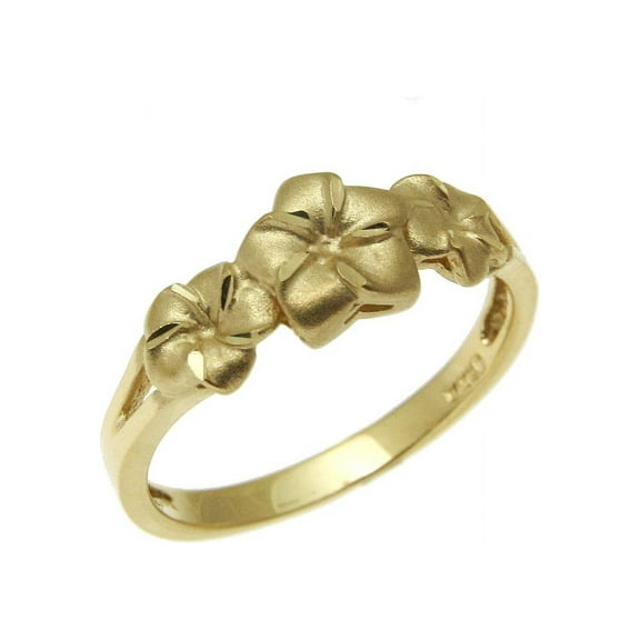 14K solid yellow gold Hawaiian 5mm-7mm-5mm plumeria flower ring