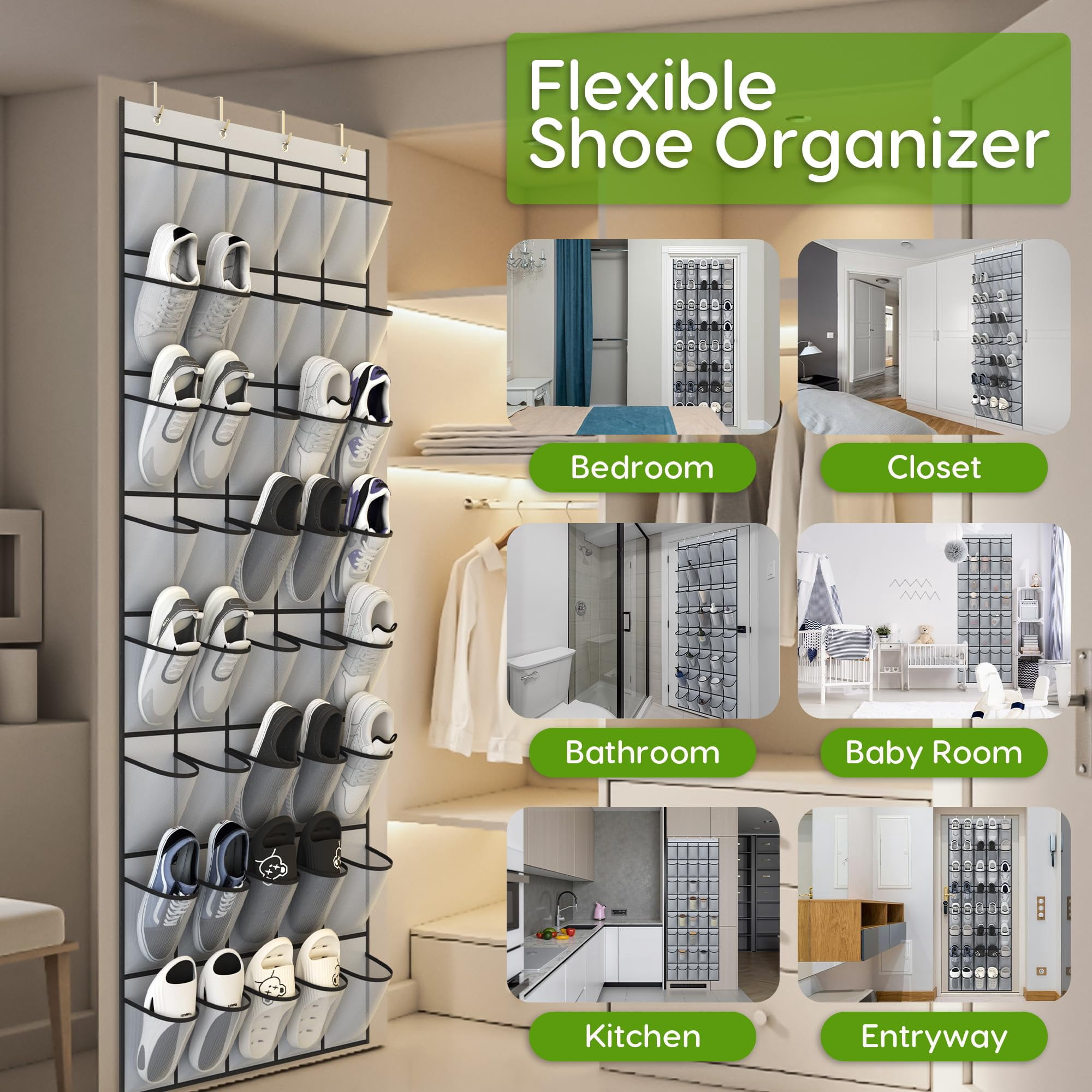 Over the Door Shoe Organizer with 40 Pockets, 18 Travel Shoe Bags & 1 Washing Bag, Hanging Shoe Rack with Breathable Mesh