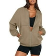 thumbnail image 2 of Mohiass Zip Up Sweatshirts for Women No Hood Fall Casual Bomber Jacket Fleece Athletic Sweat Jackets with Pockets Khaki L, 2 of 7