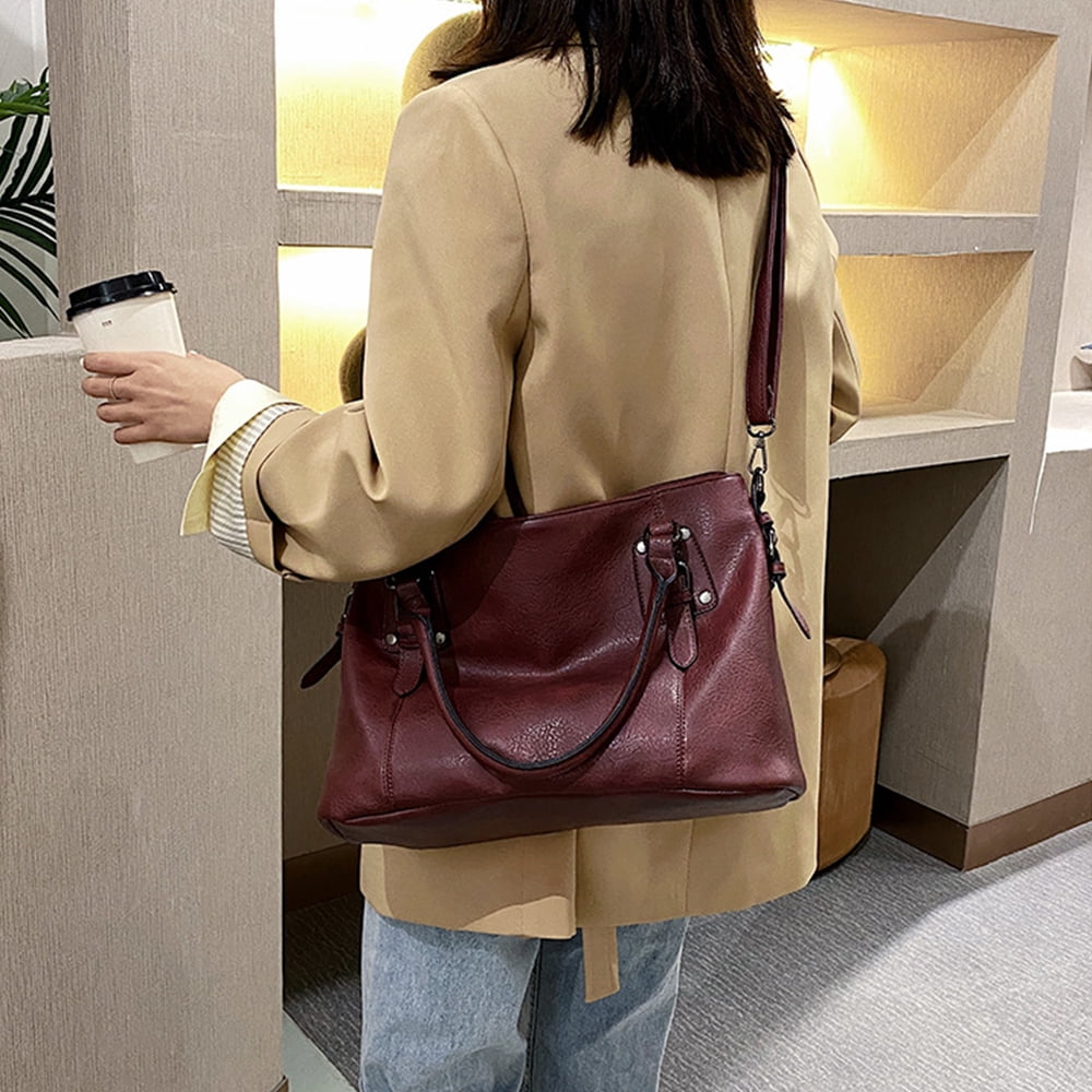 Genuine Leather Handbags Tote Shoulder Bag for Woman Satchel Designer Purse Top Handles Crossbody Bag Large Capacity,Purple red