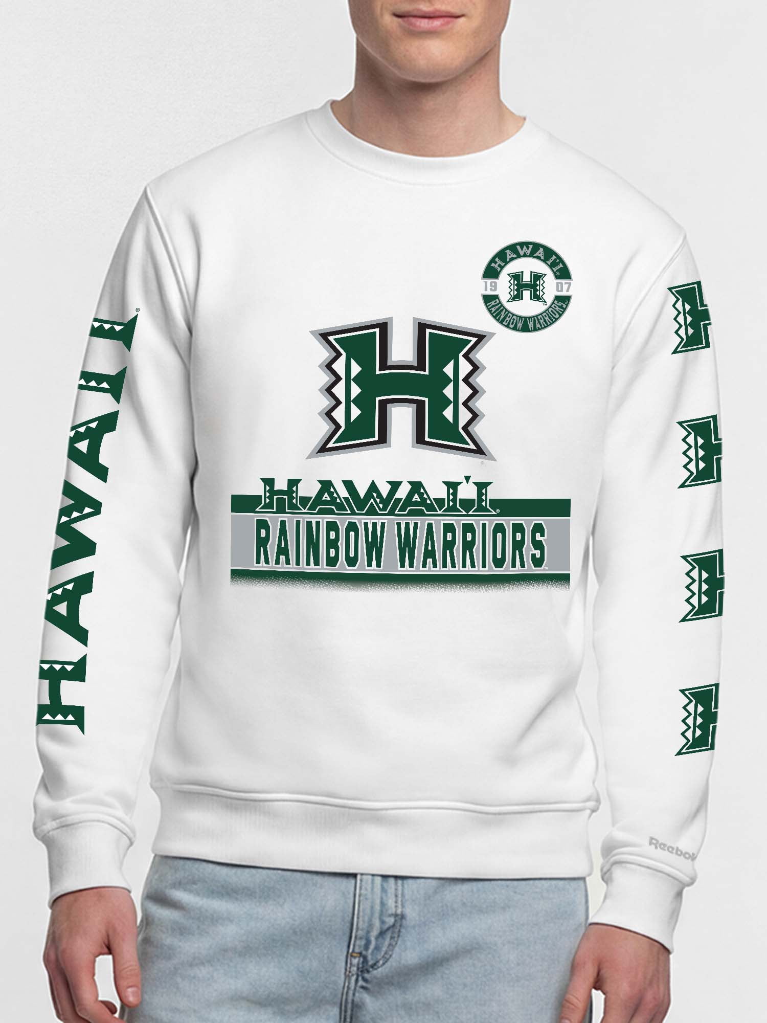Hawaii Rainbow Warriors Reebok Mens White Crew Sweatshirt