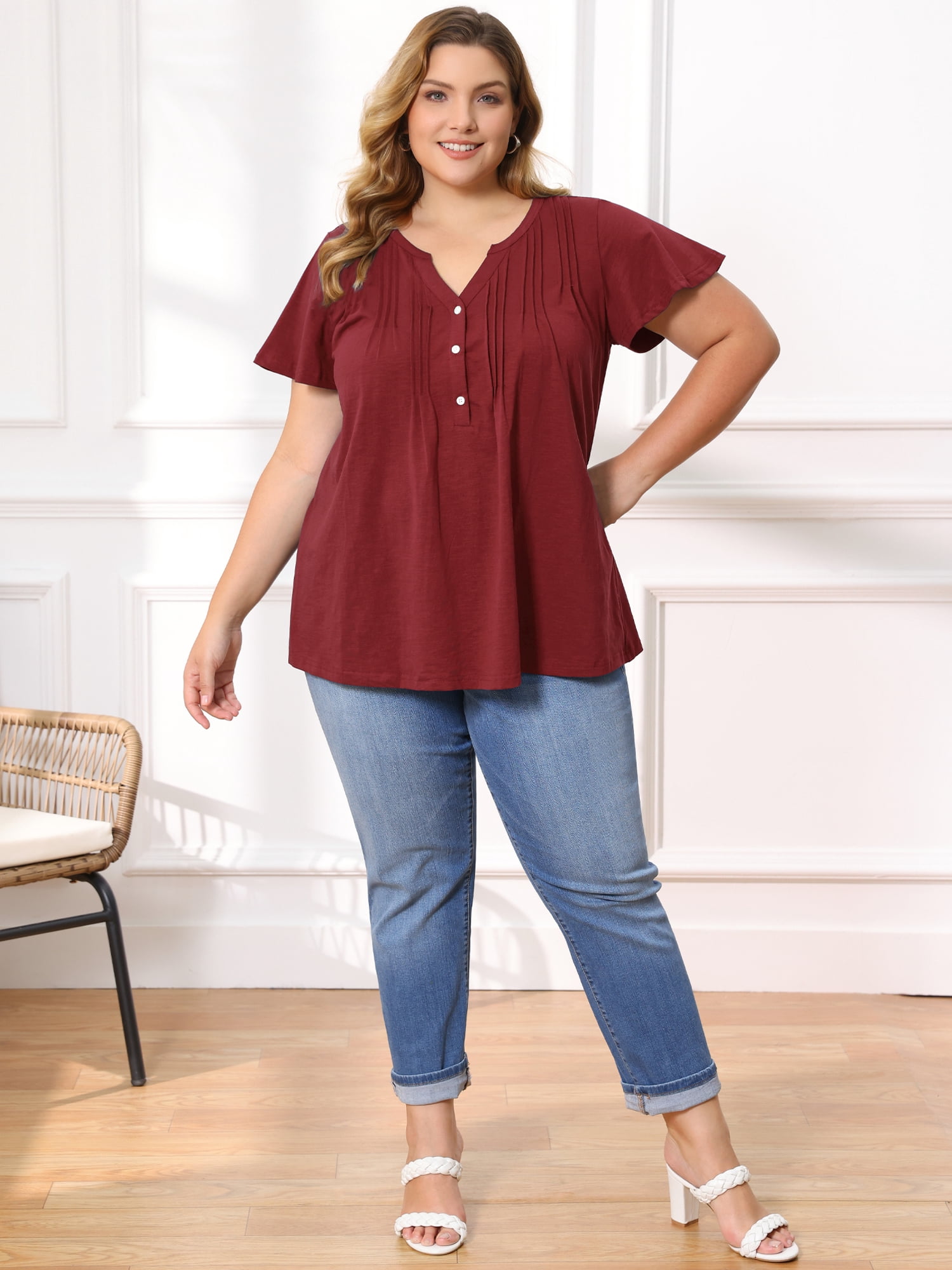 DARING DIVA Women's Plus Women's Tops Button Notch Neck Ruffle Sleeve Blouse 2X ‌Burgundy‌