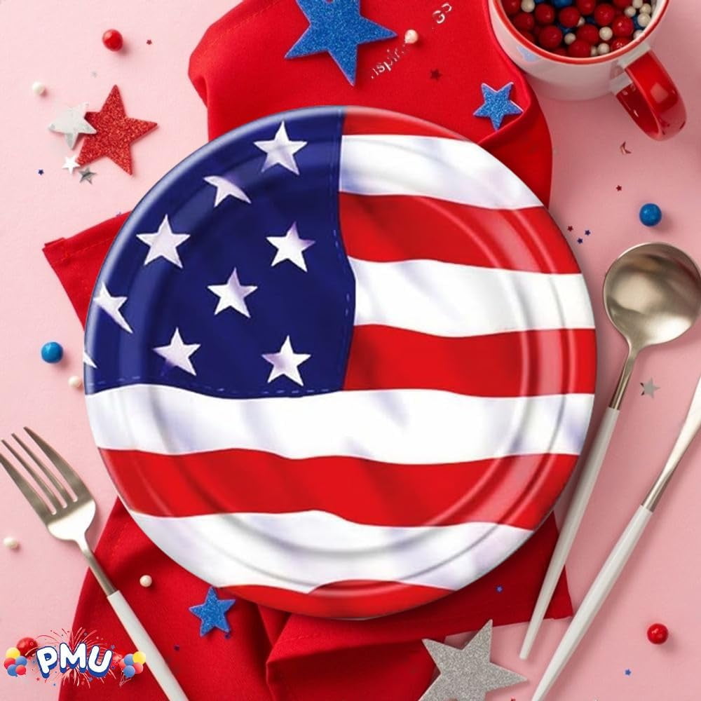 PMU Patriotic Stars and Stripes American Flag 9-Inch Dessert Plates, Patriotic Party Tableware (8/pkg) Pkg/6