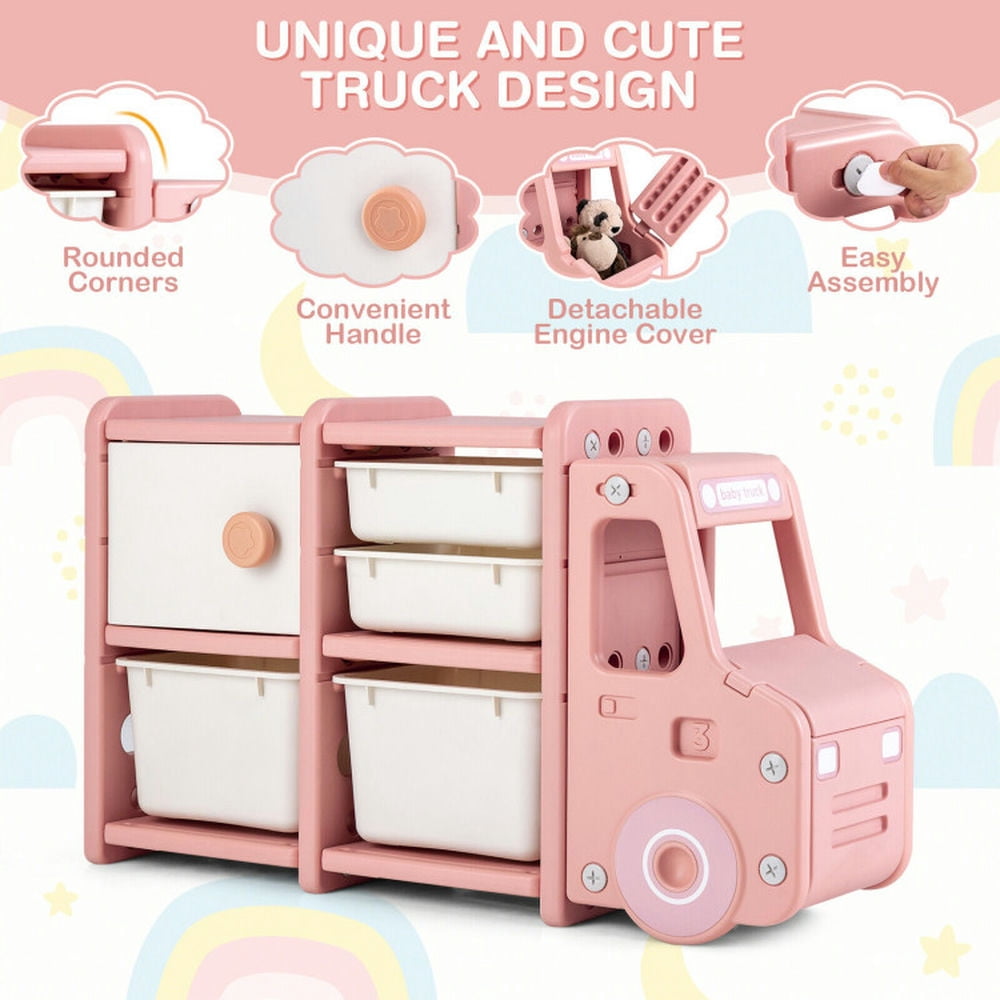 Spaco Toddler Truck Storage Organizer with Plastic Bins-Pink, Toy Organizer for Kids, Boys, Girls, Nursery
