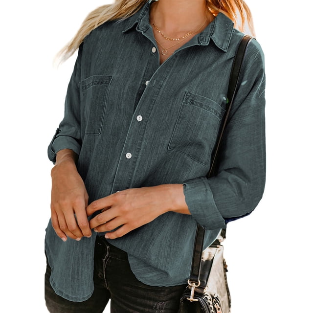 Txlixc Blusa vaquera de moda femenina, solapa de color sólido, botón de manga larga, blusa vaquera suelta Txlixc moda
