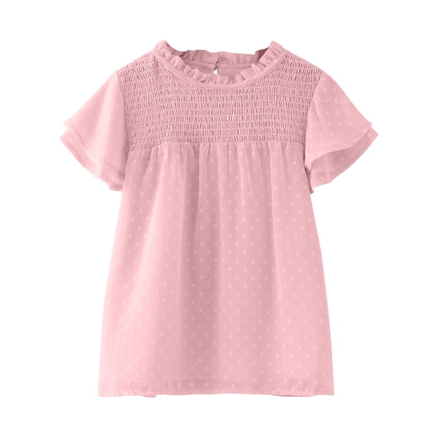 Gibobby Blusas Para Niñases Camisetas para niñas pequeñas con volantes de manga corta con cuello redondo, blusa suelta de verano de Color sólido, camisetas informales para niñas (Rosa, 4-5 Años)