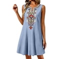 thumbnail image 2 of Summer Dresses Women's Summer Embroidered Boho Dress Casual V Neck Short Sleeve Loose Linen Dress With Pockets Light Blue S, 2 of 9
