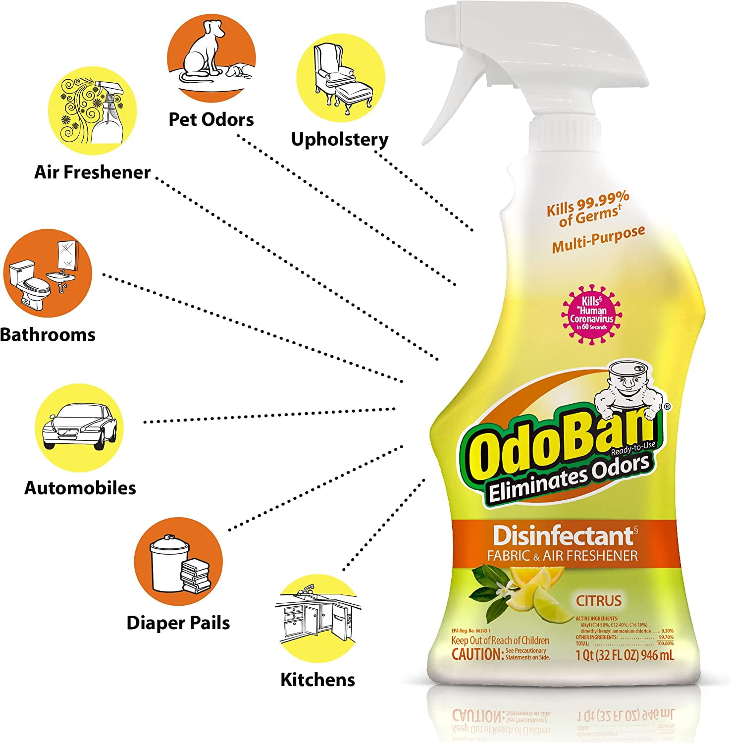 OdoBan Ready-to-Use Disinfectant and Odor Eliminator, 32 Ounce Spray Bottle, Citrus Scent
