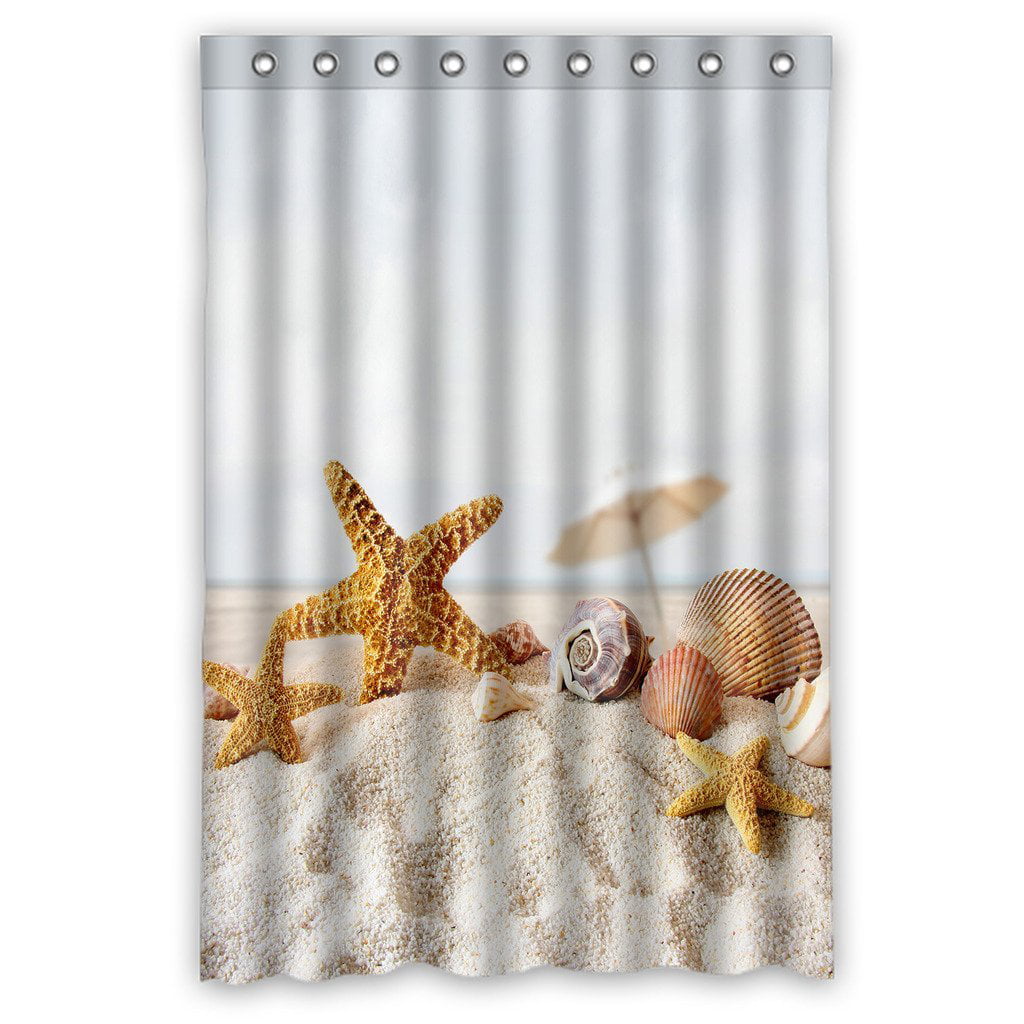 Custom Star Fish Sea Shell Beach Waterproof Polyester Fabric Shower Curtain and Hooks Size 36x72 