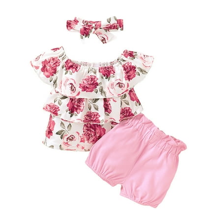 

Toddler Baby Girl Off Shoulder Ruffle Floral Print Tops+Shorts Headbands Outfits(Size:18-24 Months)