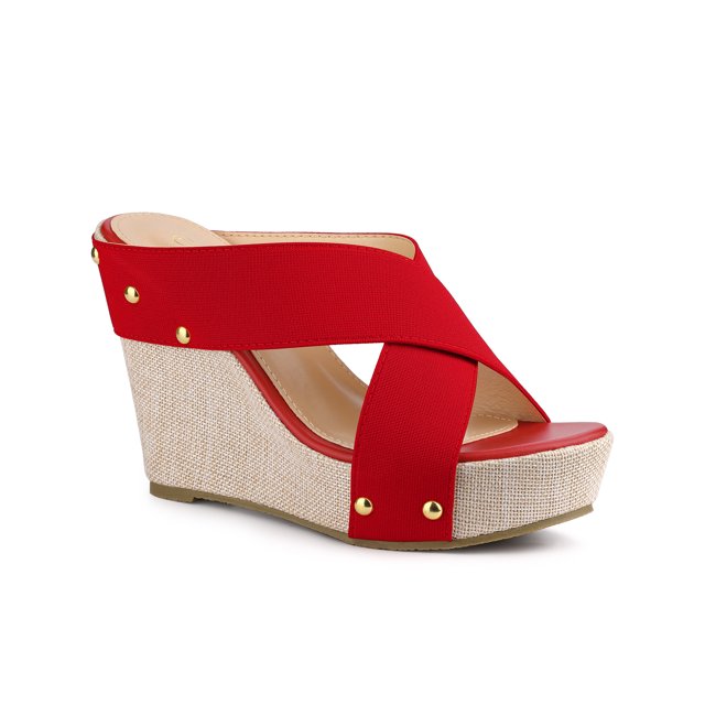 BLISSFUL STEP Chaussures pour Femmes à Plateforme Compensée à Brides Croisées Clous Tige en Tissu Sandales à Talons à Bout Ouvert Rouge 10