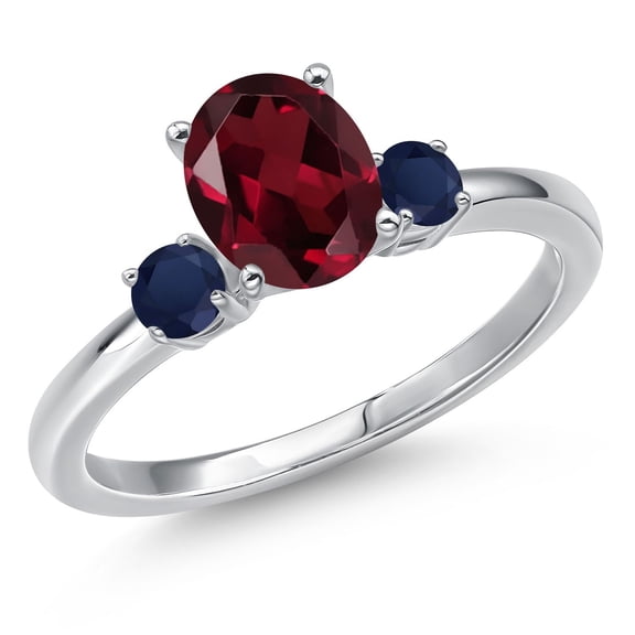 Gem Stone King 14K White Gold Red Rhodolite Garnet and Blue Sapphire Engagement Ring for Women | 1.65 Cttw | Oval 8X6MM | Gemstone January Birthstone | Size 5