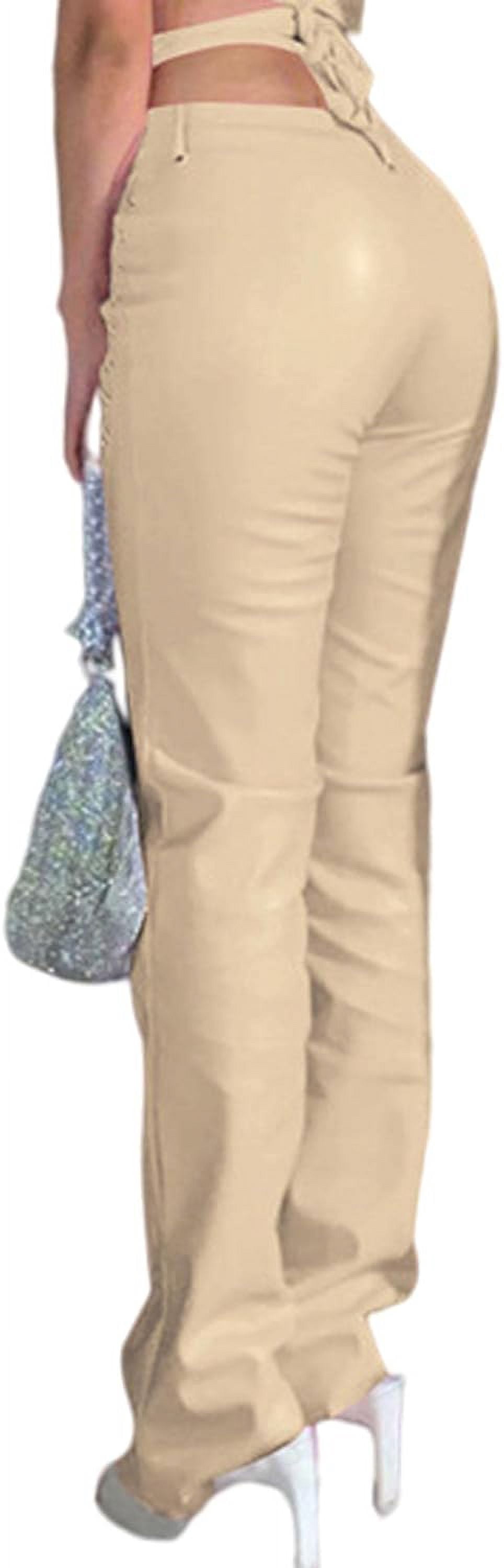 HLSOHJP Women's Lace Up PU Leather Pants Chic High Waist Hollow Out Drawstring Bandage Cut Out Faux Leather Trousers