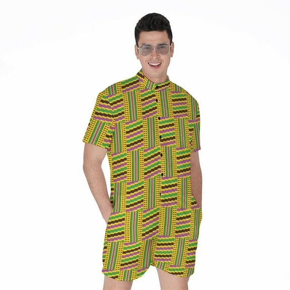 Ghana Kente Pattern Short Sleeve Men'S Rompers Casual Summer Jumpsuits Outfit