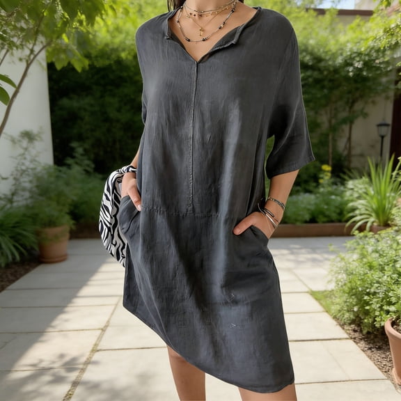 Women's Linen Casual Knee Length Tunic Dress V Neck Short Sleeve Loose Fit Shift Dress with Pockets Lightweight Breathable Summer Daily Wear Minimalist Comfortable Apparel