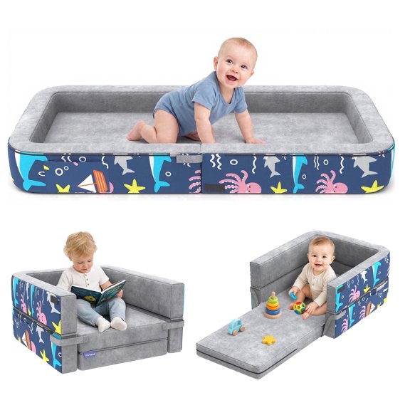 Vipuse 3-in-1 Toddler Travel Bed,Foldable Kid Toddler Sofa Bed for Kids Camping Vacation,Memory Foam Filling,Grey