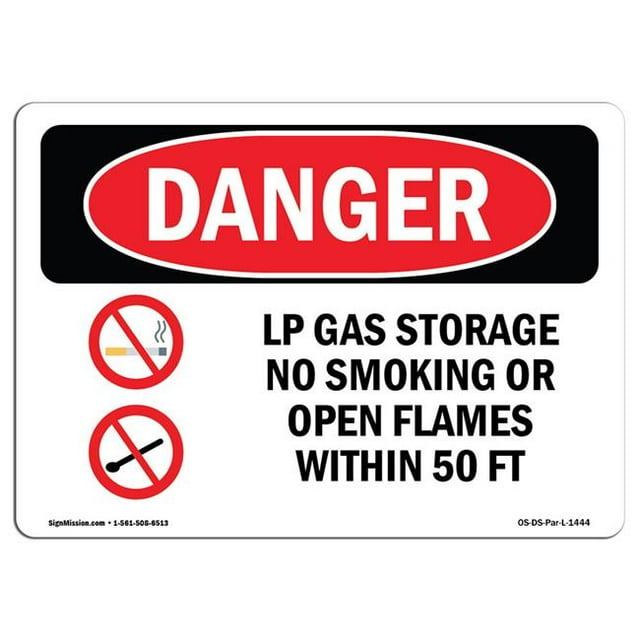 SignMission OS-DS-A-1824-L-1444 18 x 24 in. OSHA Danger Sign - LP Gas Storage No Smoking Open Flames 50 Ft