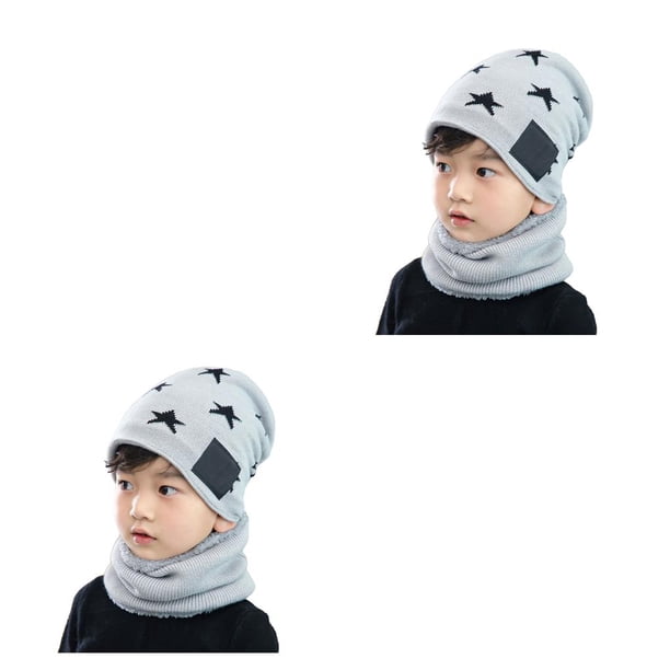 Minnieouse Sombrero de invierno para niños Kit de calentador de cuello para niños Estrella de cinco puntas Ciclismo de pesca gris claro 2piezas