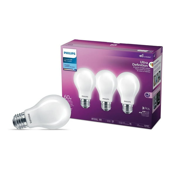 Philips LED Ultra Definition 60W A19 Daylight Glass Frosted 3-Pack, PHL LED 60W A19 DL 3