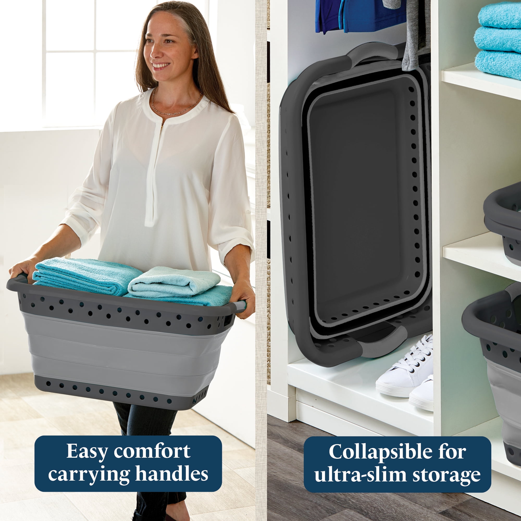 Blue Door Collapsible Laundry Basket Portable Pop Up Plastic Laundry Hamper with Dual Grip, 10.5-Gallon Black