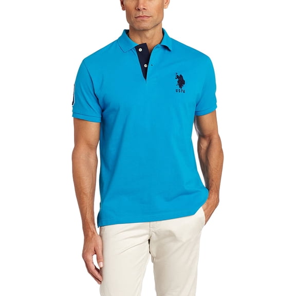 U.S. Polo Assn. Mens Slim Fit Short Sleeve Polo Shirt with Applique, Teal Blue, Small