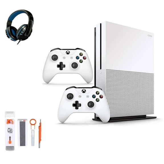 Pre-Owned Microsoft Xbox One S 500GB with 2 Controller, 4K Ultra HD White with BOLT AXTION Cleaning Kit Headset Bundle