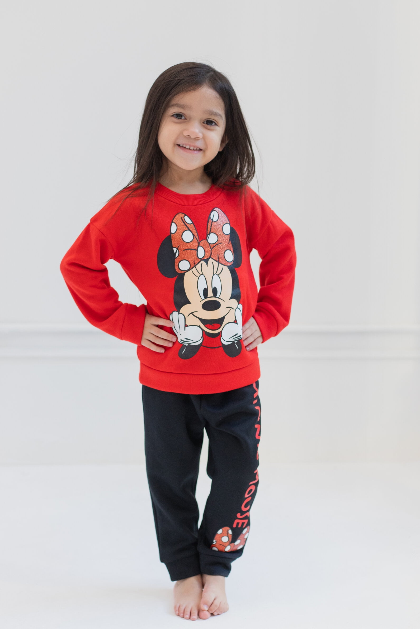 Disney Minnie Mouse Little Girls' 2-Piece Fleece Sweatshirt and Pants Set Red Black Minnie