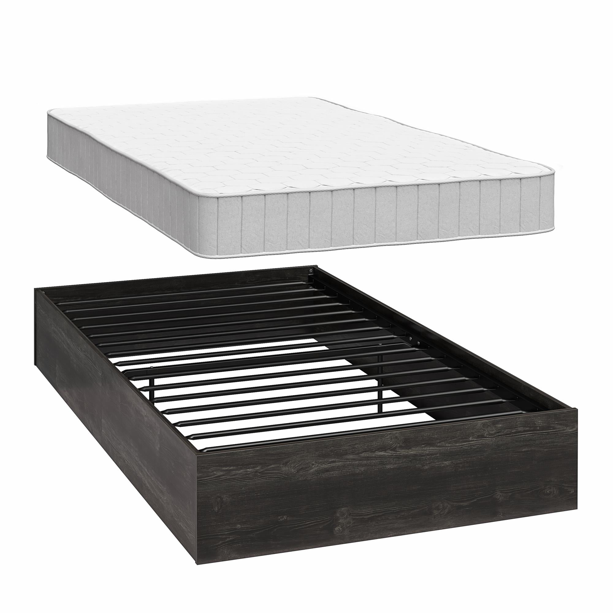 RealRooms DreamSaver Platform Bed Frame and Mattress Set, Twin, Black Oak