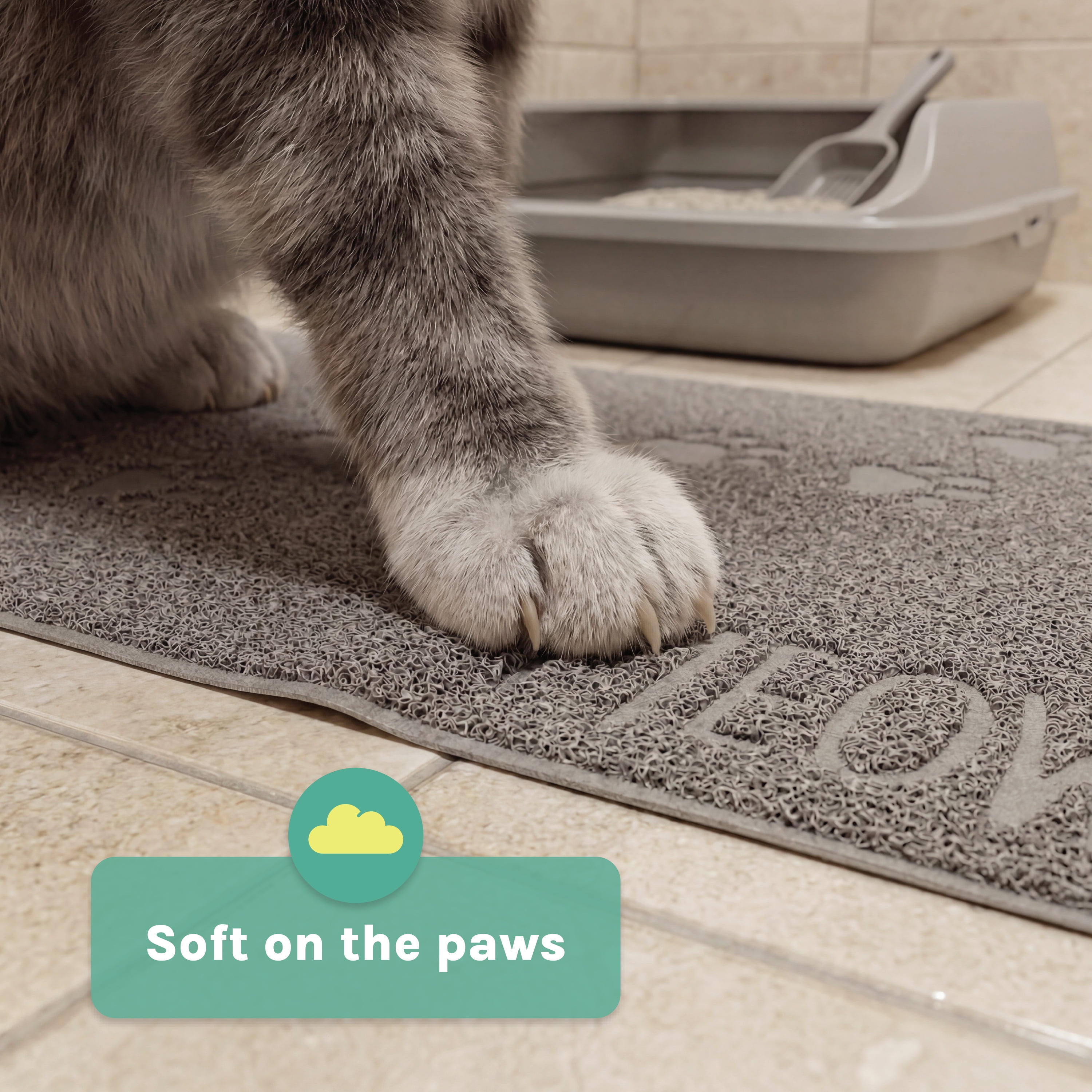 Kitty City Small Textured Non-Slip Cat Litter Trapper Mat, Gray Paw Print, 23.5 x 13.75"