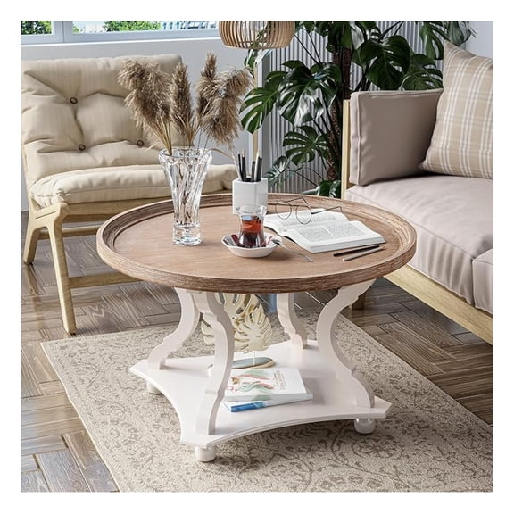 Round Farmhouse Coffee Table with Handmade Finish, Wood Tray Top Rustic Coffee Table for Added Thickness, Accent Table with Storage for Living Room, Small Place, White, Circle