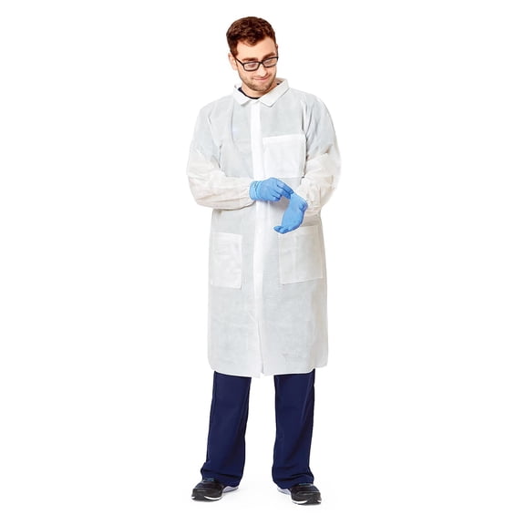 White Polypropylene Disposable Lab Coat, X-Large, Snap Front, Elastic Wrists, 50 count