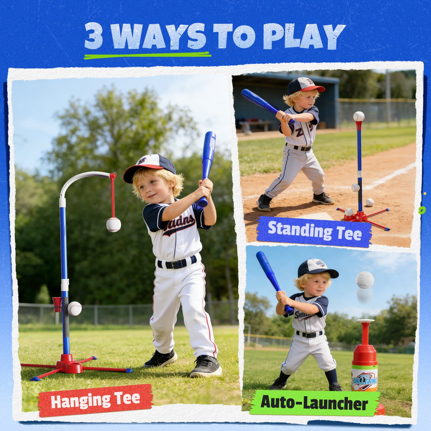 JoyStone 3-in-1 Baseball Set for Kids, Tee Ball Stand, Hanging Tee, Ball Launcher and 4 Softballs - Adjustable Height Baseball, Indoor/Outdoor Sports Gifts for Boys