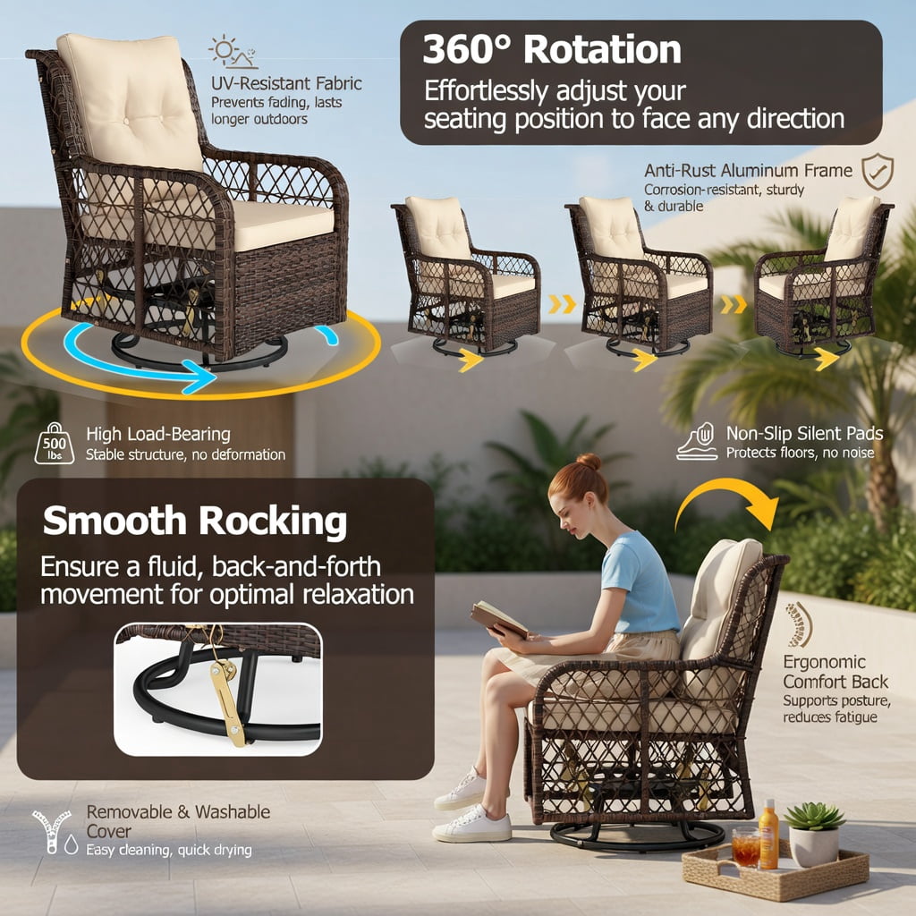 Hommoo 3-Piece PE Wicker Patio Furniture Set, Swivel Glider Chairs with 2-Tier Tempered Glass Side Table & All-Weather Cushions, Rattan Outdoor Seating for Porch, Backyard, Garden, Brown
