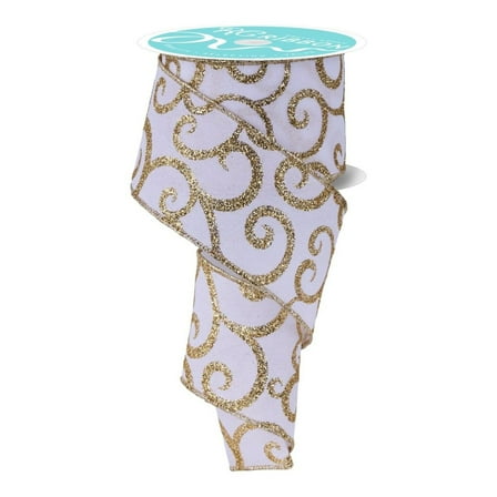 2.5" Glitter Swirl Ribbon: White/Gold (10 Yards)