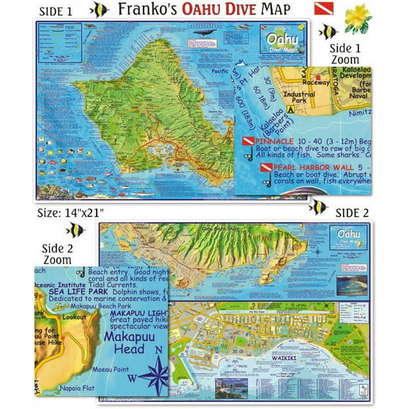 Franko Maps Oahu Dive Map, Waterproof, 0.15 lb, 10x6