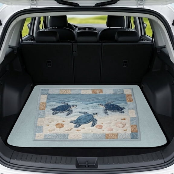 COEQINE Universal Car Trunk Mat All Weather Cargo Liner Floor Mat with Non-Slip Backing Scratch-proof Pet Cargo Mat Suitable for Most Car Models, Sea Turtle Beach Seashell Blue