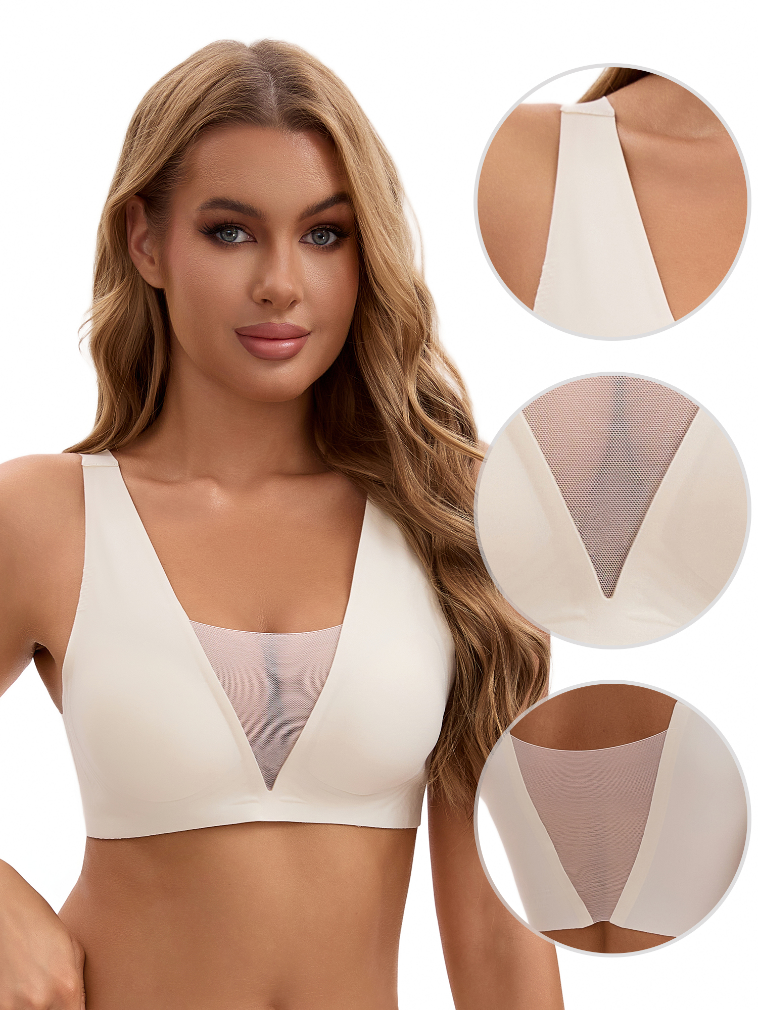 Unique Bargains Women's Deep V Seamless Mesh Plunge Bras Minimizers S White