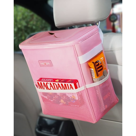 HOTOR Car Trash Can with Lid, Leak-Proof Car Garbage Can with Mesh Pockets, Car Accessories, 3 Gallons, Pink