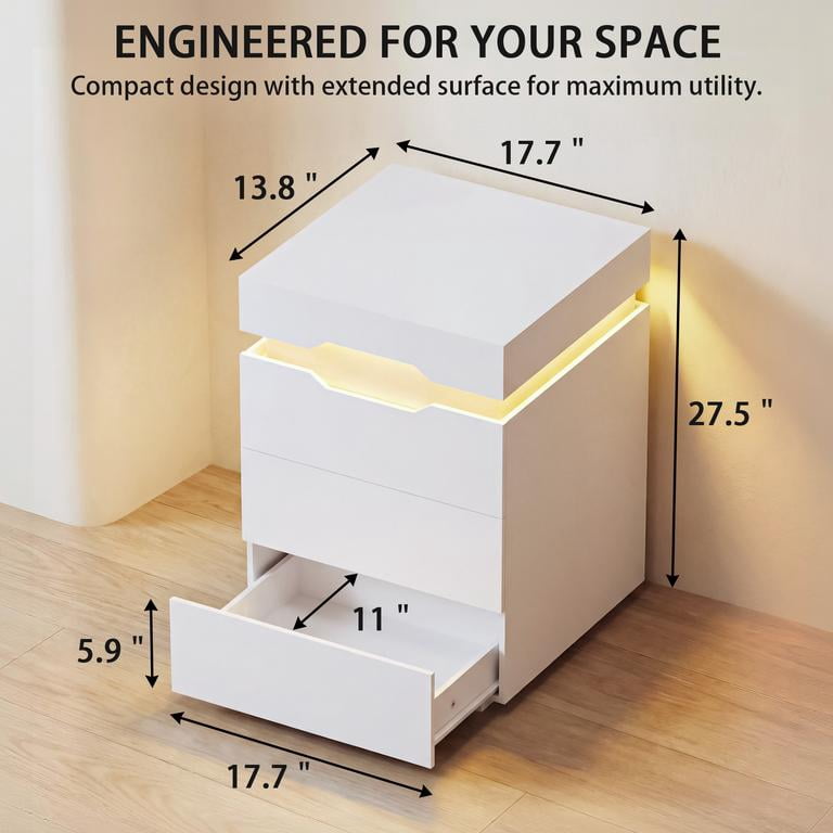 Lacoo Modern End Table with LED Lights & Charging Station, White Nightstand with 3 Drawers & Upper Storage for Living Room Bedroom, 3 Drawer