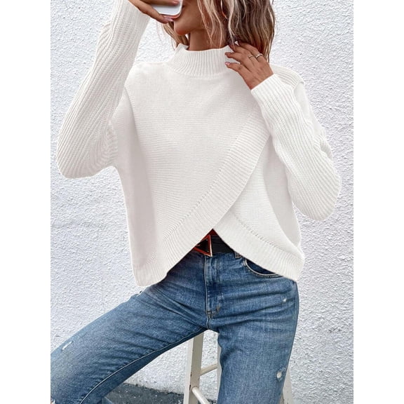 Women's Solid Color Stand Collar Long Sleeve Asymmetric Hem Casual Pullover Sweater, Autumn/Winter