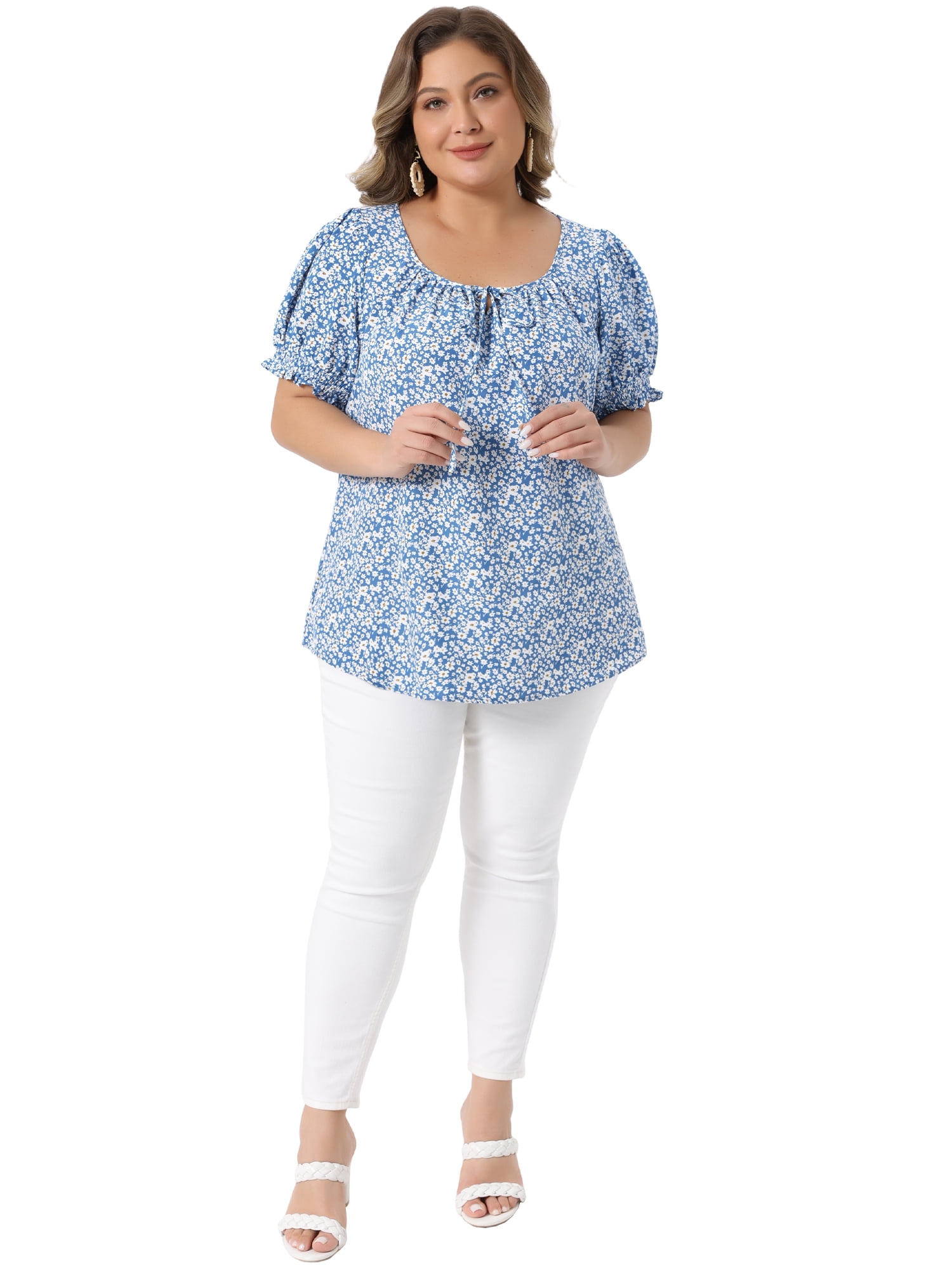 Women's Plus Tops Scoop Neck Notch V Tie Front Short Sleeve Floral Summer Blouses 1X Blue
